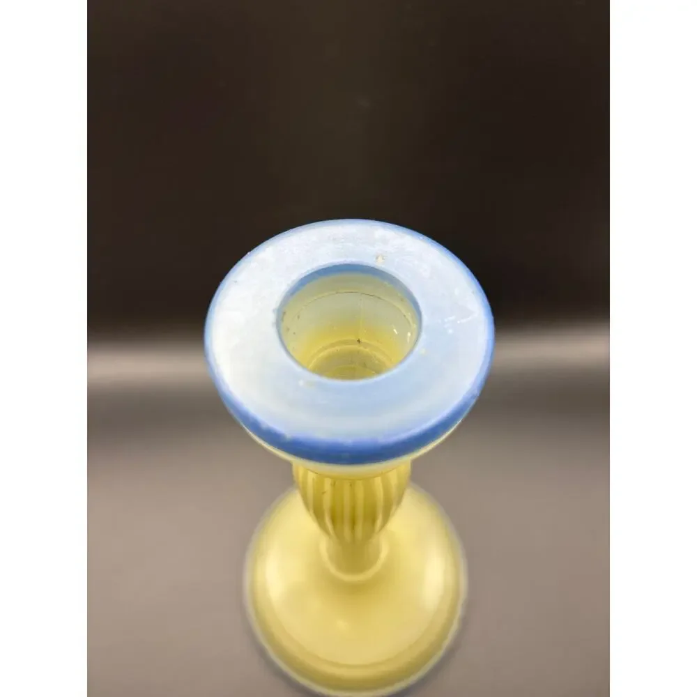 Vintage Indiana Glass Blue and Cream Candleholder Ribbed Depression Era Decor